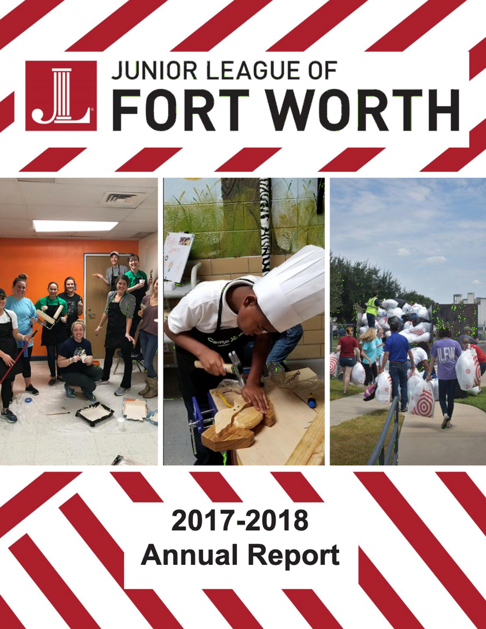 Red and white striped cover with the JLFW logo at the top. Below, three images in the center, with a small white box underneath displaying '2017-2018 Annual Report.'