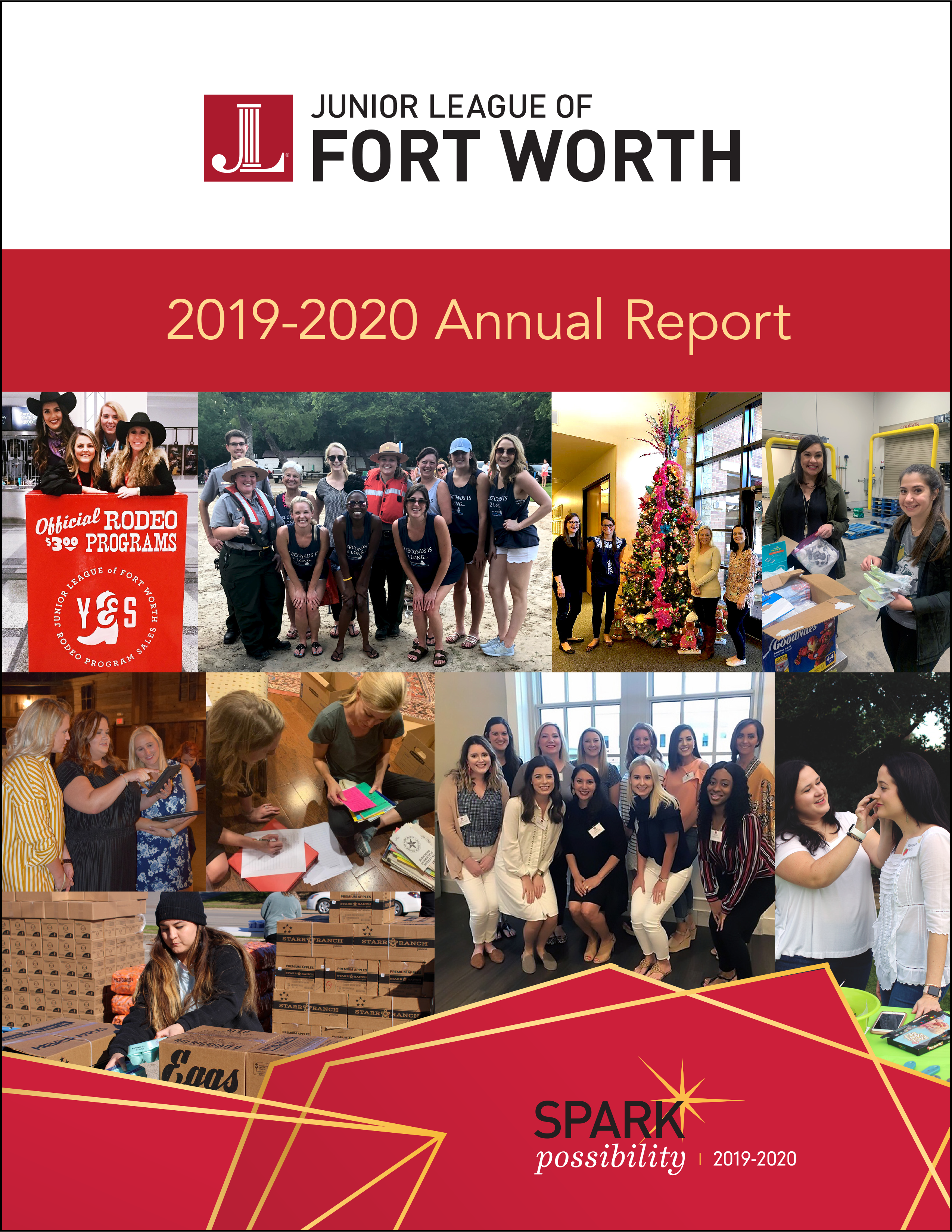 Cream text on red banner: '2019-2020 Annual Report.' JLFW logo at top. Below, a collage of 9 photos with the 'Spark Possibility' logo underneath.