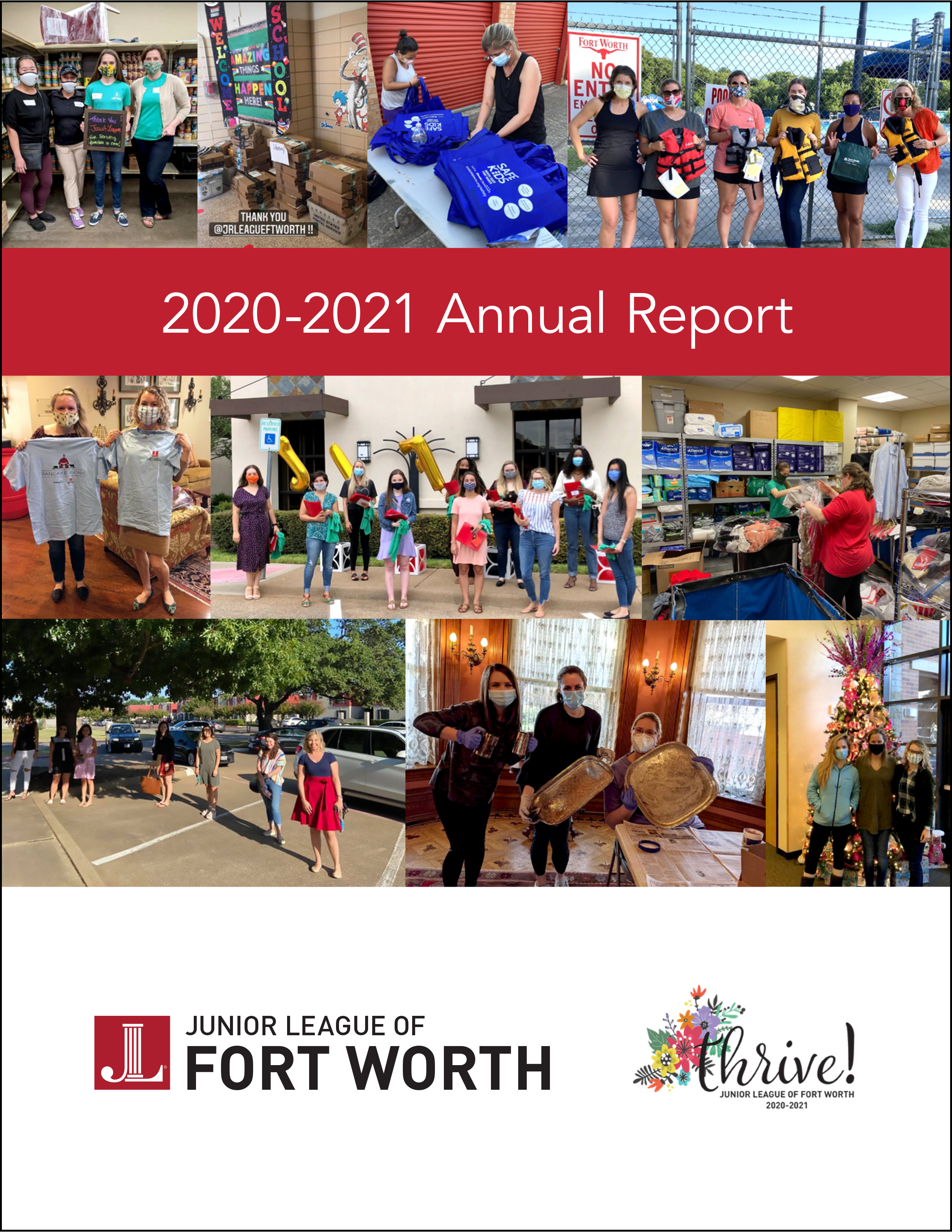 White '2020-2021 Annual Report' text over red banner between 4 photos above and 7 photos below. JLFW and 'Thrive' logos at bottom on white background.