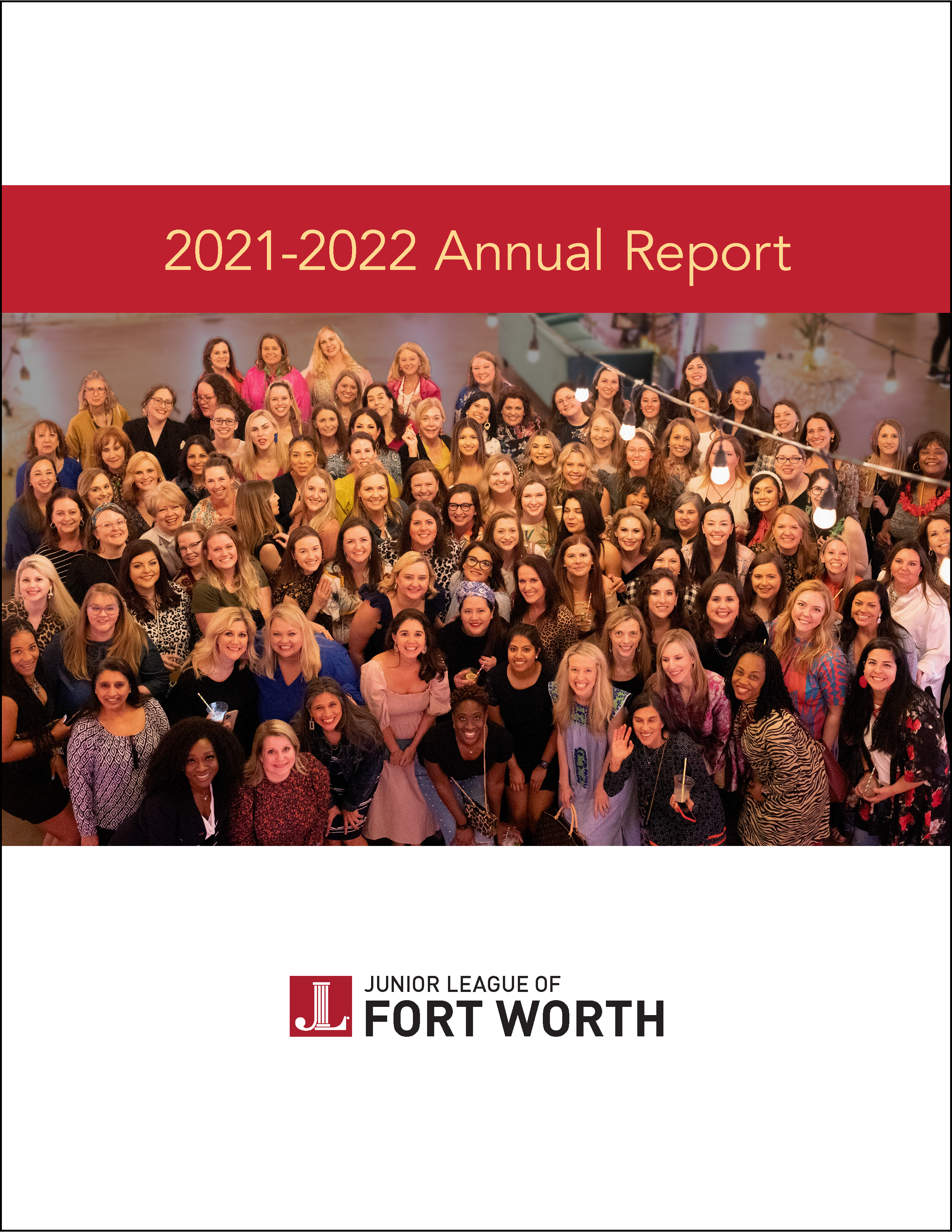 Cream '2021-2022 Annual Report' text on red banner above group photo of JLFW members, with white background and JLFW logo at bottom.